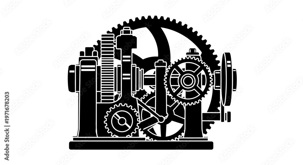Fototapeta premium Black and white illustration of a detailed mechanical clock with visible gears and cogs. The design has an industrial aesthetic.
