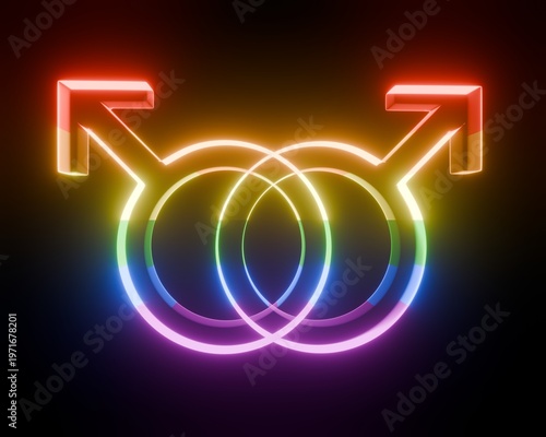 Obraz na płótnie 3D Image of a holographic Double Mars Gay Symbol on Rainbow Pride Flag – LGBTQ+