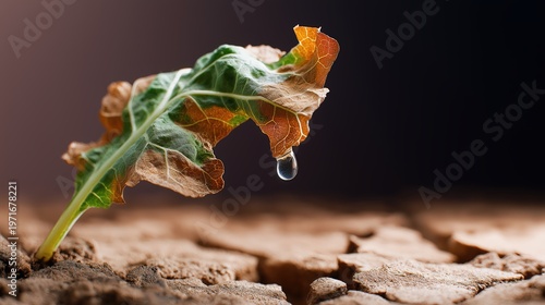 Surreal macro image of a wilted lettuce leaf reaching toward a suspended water drop symbolizing survival and desperation.