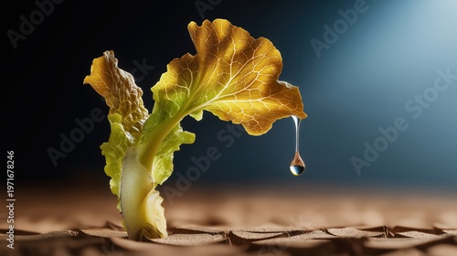 Surreal macro image of a wilted lettuce leaf reaching toward a suspended water drop symbolizing survival and desperation.
