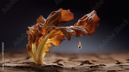 Surreal macro image of a wilted lettuce leaf reaching toward a suspended water drop symbolizing survival and desperation.