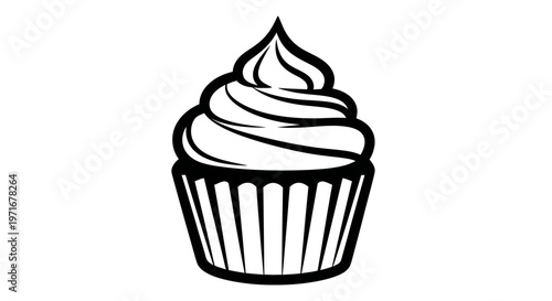Simple black and white illustration of a frosted cupcake isolated on a white background for food and baking themes. Vector design.