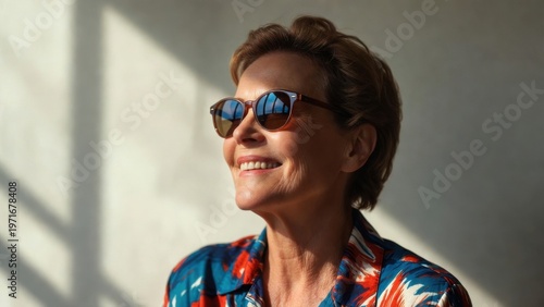 Older woman smiling while wearing sunglasses near window