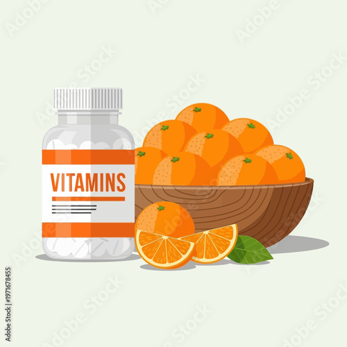 Vitamin Bottle with Oranges and Orange Slices.