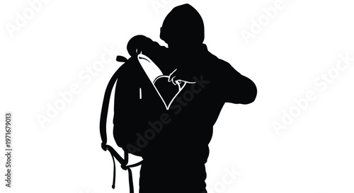 Minimalist vector graphic illustration of a person putting a small object into their dark backpack bag
