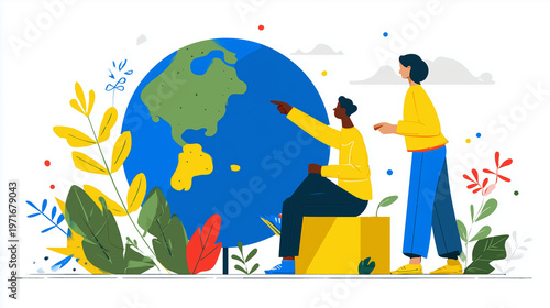 Flat illustration of two people pointing at a globe, suitable for environmental campaigns, educational content, or global business presentations.