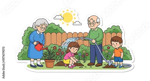 Grandparents and kids gardening together in a sunny backyard with a wooden fence and various plants.