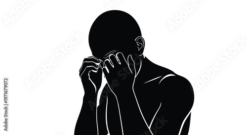 Minimalist vector graphic illustration of a person covering their face, conveying deep sadness or emotional distress.