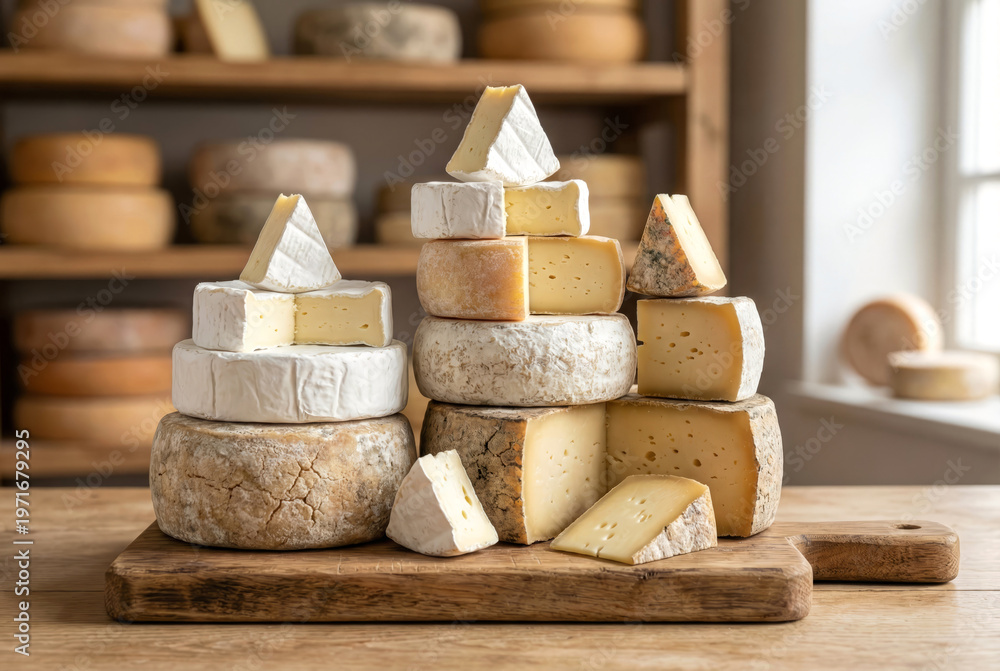 Fototapeta premium Variety of Artisan Cheese Stacked on Wooden Board.
