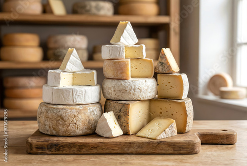Variety of Artisan Cheese Stacked on Wooden Board.