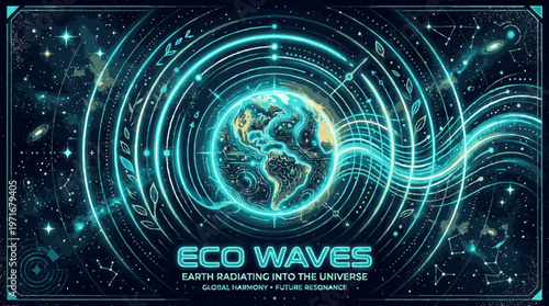 Earth radiating eco waves into space with digital technology background