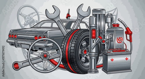 Car parts and tools illustration collection.