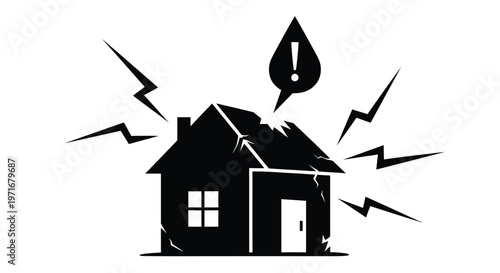 Minimalist vector graphic illustration of a damaged house showing structural issues and a warning sign symbol