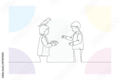 Continuous line drawing of a heartwarming scene featuring two children sharing with a bird, symbolizing kindness and connection in a minimalist style.