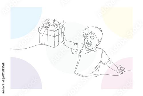 Delighted Child Holding a Gift in Continuous Line Art - Hand Drawn Illustration of a Happy Kid with a Present, Expressing Joy and Love