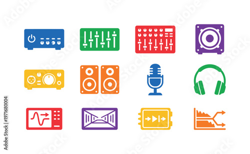Collection of colorful audio equipment icons for music production and sound engineering