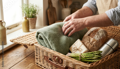Man packing a wicker picnic basket with fresh bread, asparagus, and a green blanket in a cozy sunlit kitchen.