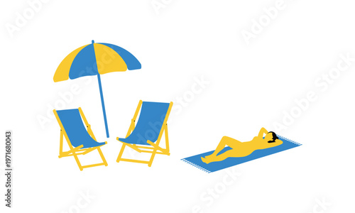 Relaxing at the beach under a colorful beach umbrella and deck chairs