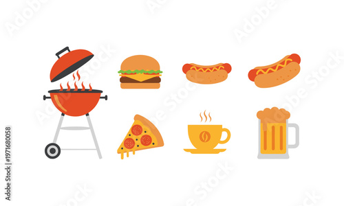 Iconic illustrations of barbecue and outdoor party foods and drinks