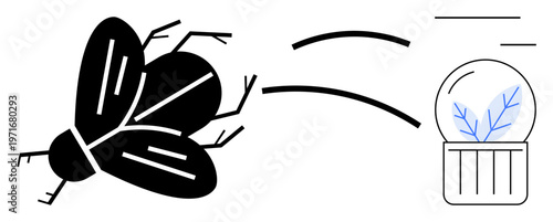 Environmental conservation, biodiversity, science exploration, entomology, minimal art, ecological balance. Abstract fly moving toward a glass container with a branch. Environmental conservation