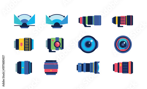 Collection of stylized camera lens icons and symbols representing photography