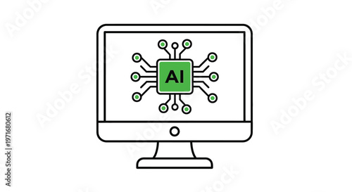 Vector illustration of a computer monitor displaying a central artificial intelligence chip symbol for technology concepts