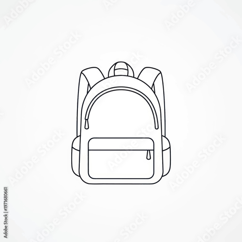 Minimal line illustration of a backpack with front pocket and shoulder straps.