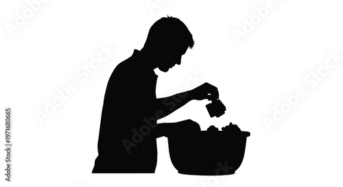 Illustration showing a man's silhouette preparing a hot drink, placing tea bags into a bowl.