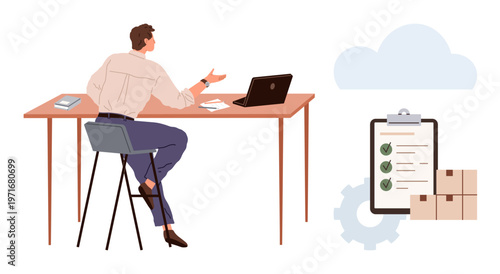 Business logistics, task management, remote working, supply chain, cloud storage, organization systems. Man at desk with laptop and checklist. Logistics and task management concept