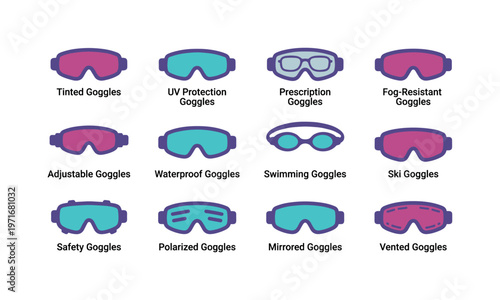 Collection of diverse goggles for various sports and activities
