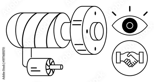 Surveillance concept. Surveillance camera, eye symbol and handshake monitoring, security, and trust. Surveillance reinforces safety, trust, monitoring and communication systems. Security safety