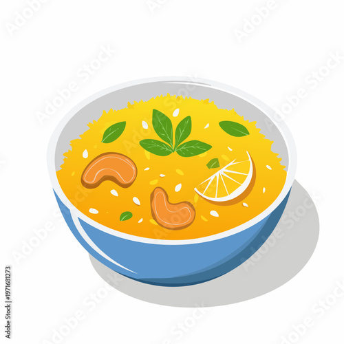 Colorful vector illustration of a traditional Indian rice dish, featuring yellow spiced grains, cashews, fresh mint, and a lemon slice, served in a elegant bowl
