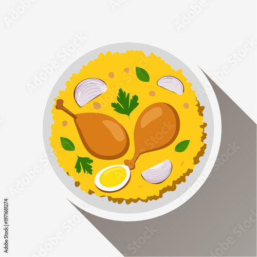 Delicious Chicken Biryani Vector Illustration A Vibrant Plate of Indian Rice Dish with Chicken, Egg, and Herbs