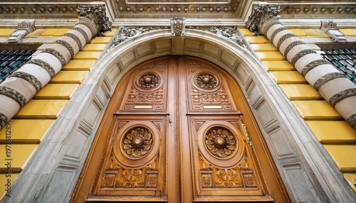 yellow brown door with ornate reliefs neoclassical city entrance