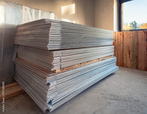 drywall sheet stack in construction site home renovation supply