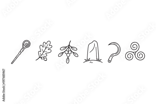 Collection of mystical symbols and natural elements on a white background