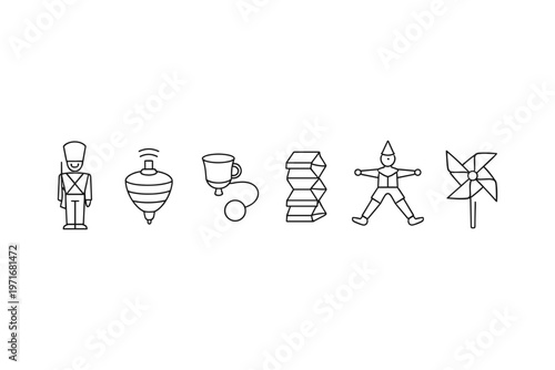 Collection of classic line art toys including a soldier, spinning top, cup and ball, jack-in-the-box, and pinwheel