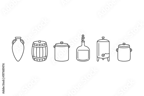 Collection of various containers for storage and fermentation, including amphora, barrel, and tanks