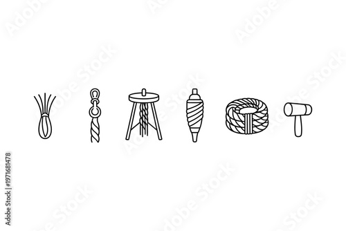 Collection of tools and materials for making rope and cordage