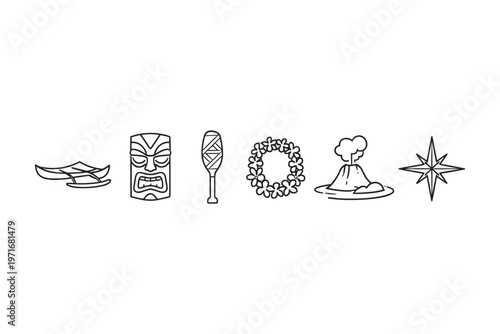 Collection of Hawaiian cultural icons including a canoe, tiki, paddle, lei, volcano, and compass