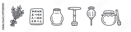 Collection of ancient symbols and objects including herbs, tablet, vase, and honey pot