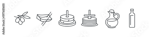 Olive oil production process icons: olives, pressing, and bottling