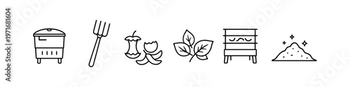 Composting icons showing process from waste to rich soil for gardening