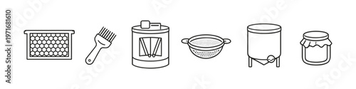 Collection of beekeeping equipment and honey processing tools