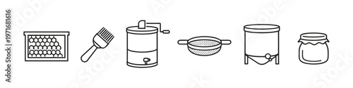 Collection of beekeeping equipment icons for honey production and harvesting