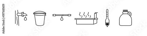 Collection of simple line icons representing liquid measurement and transfer processes