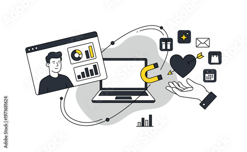 Digital marketing concept with magnet attracting customer engagement and business growth