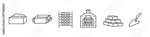 Collection of line art icons representing bricklaying and construction elements