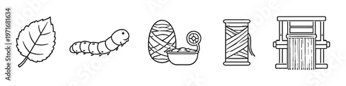 Silkworm life cycle from leaf to fabric on a loom, illustrated icons