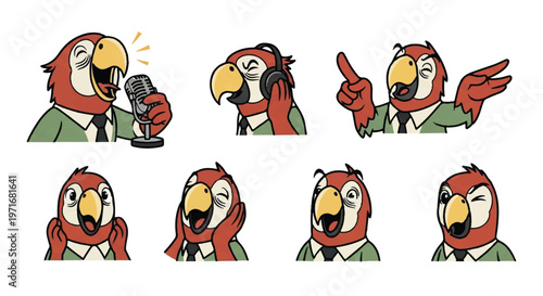 Cartoon parrot expressions set singing listening pointing thinking winking